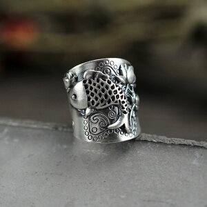 S99純銀泰國手工銀開口戒指雕刻紋魚拉絲寬版銀飾民族男女飾品