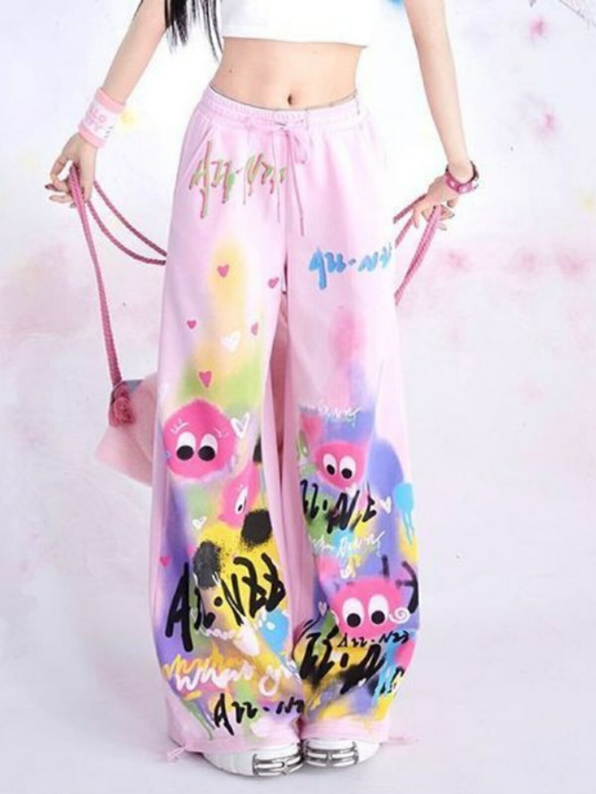 Cartoonprint drawstring wideleg trousers卡通印花拖地寬褲