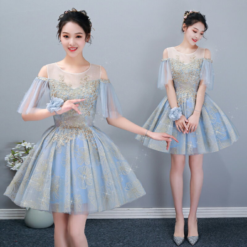 晚禮服新款春彩紗蓬蓬裙短款伴娘服洋裝小禮服主持人演出服女
