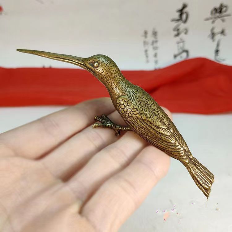 實心純銅報喜鳥桌面小擺件模擬長嘴蜂鳥茶刀黃銅微雕手把件小翠鳥擺件 擺飾品