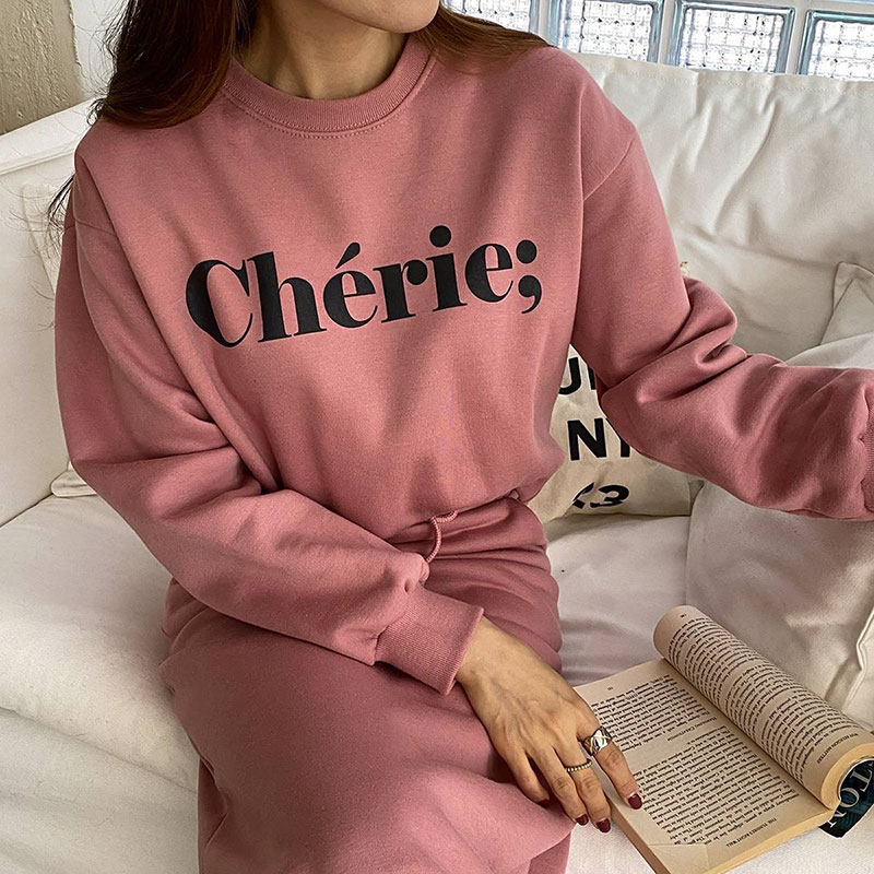 ANNAS 正韓字母刷毛長裙套裝 加絨棉質長袖上衣 刷毛長裙 韓國休閒套裝 6