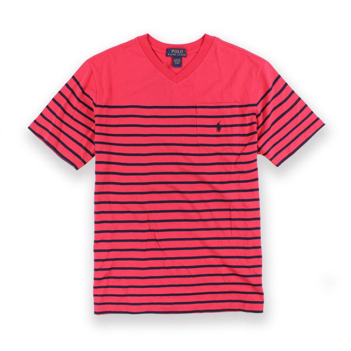 美國百分百【Ralph Lauren】T恤 V領 RL 短袖 T-shirt Polo 小馬 條紋 紅/深藍XS號 青年版 I093