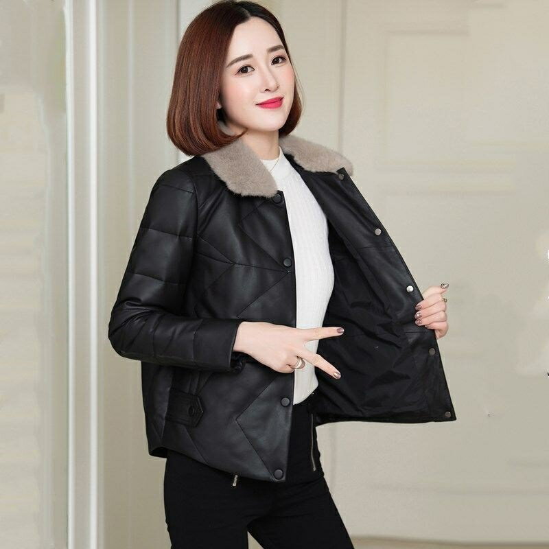 【巴黎精品】真皮皮衣羊皮外套-休閒水貂毛領綿羊皮羽絨女外套2色a1dt26