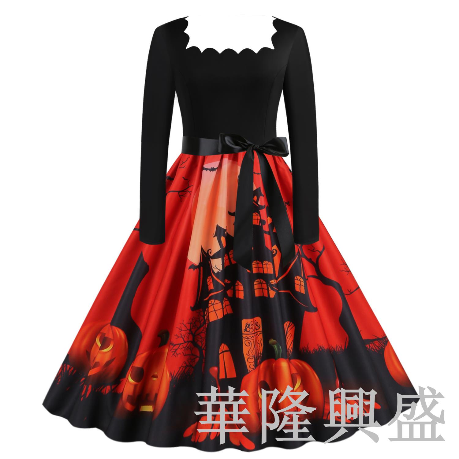 華隆 歐美時尚萬圣節圣誕南瓜印花長袖拼接連衣裙dress