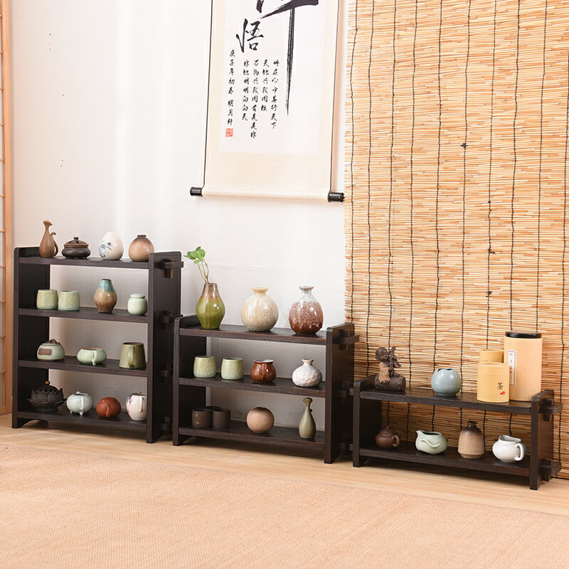 燒桐木茶杯架實木小博古架茶道茶棚架茶具架置物架茶架茶壺收納架
