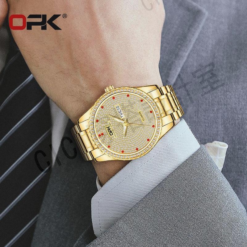 鑲鑽雙日曆石英錶 防水手錶 時尚商務男士手錶 潮流休閒男錶【亞德機械五金家居】 0