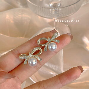 韓國蝴蝶結珍珠耳釘2021年新款潮氣質高級感耳環小眾設計感耳飾女