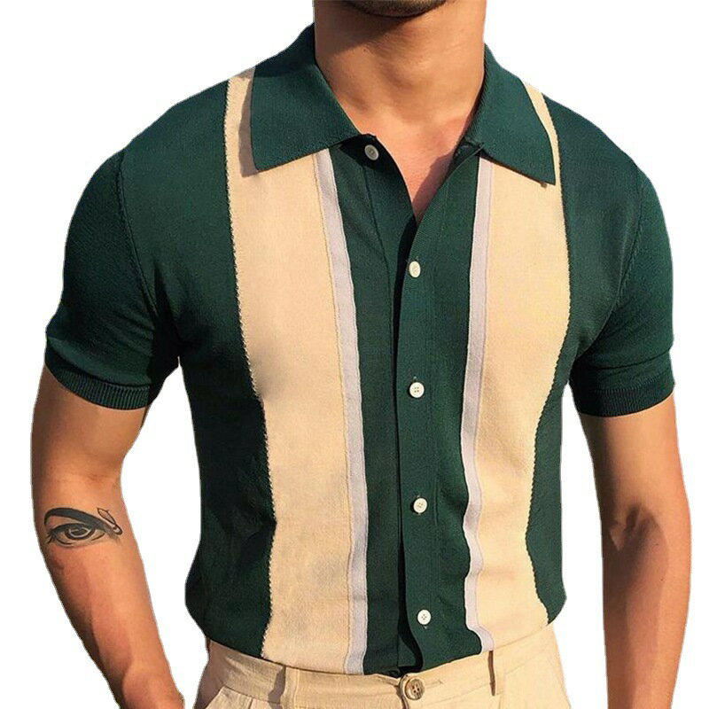 【巴黎精品】針織外套短袖毛衣-翻領撞色條紋POLO衫男外套2色a1ho3