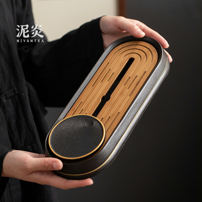 日式長方小茶盤陶瓷干泡盤家用簡約功夫茶具茶海竹制儲水托盤壺承