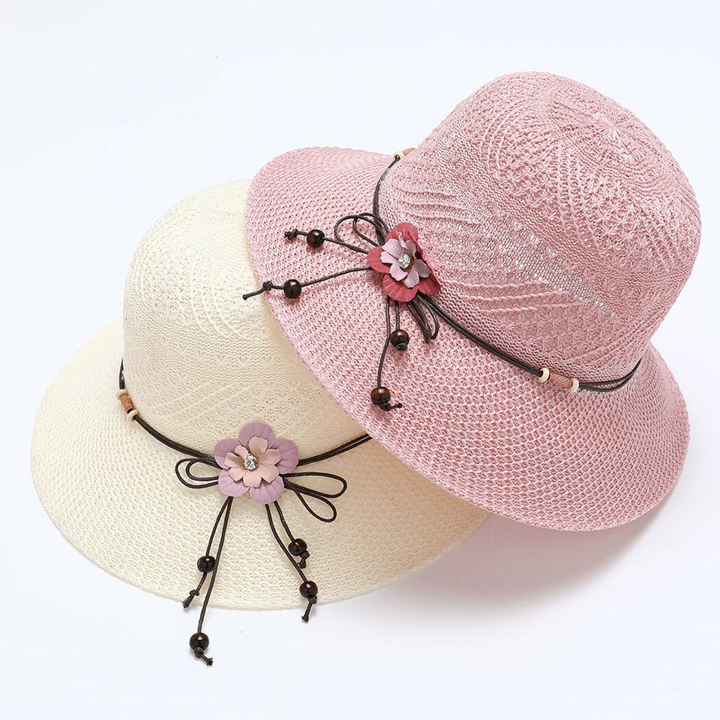 女士夏天防紫外線草帽可折疊防曬大檐盆帽新款花朵蝴蝶結遮陽帽
