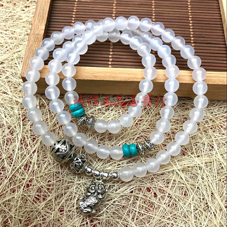 天然白玉髓手鏈女款多層多圈瑪瑙手串女景泰藍民族簡約飾品1入