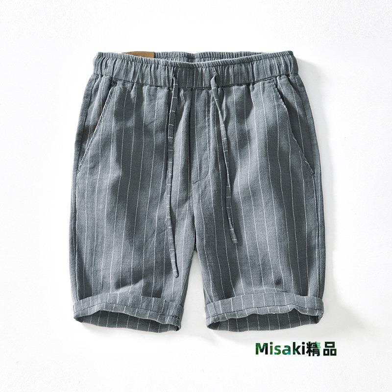 夏季條紋松緊腰抽繩苧麻短褲男士休閑百搭潮流寬松透氣棉麻五分褲-Misaki精品