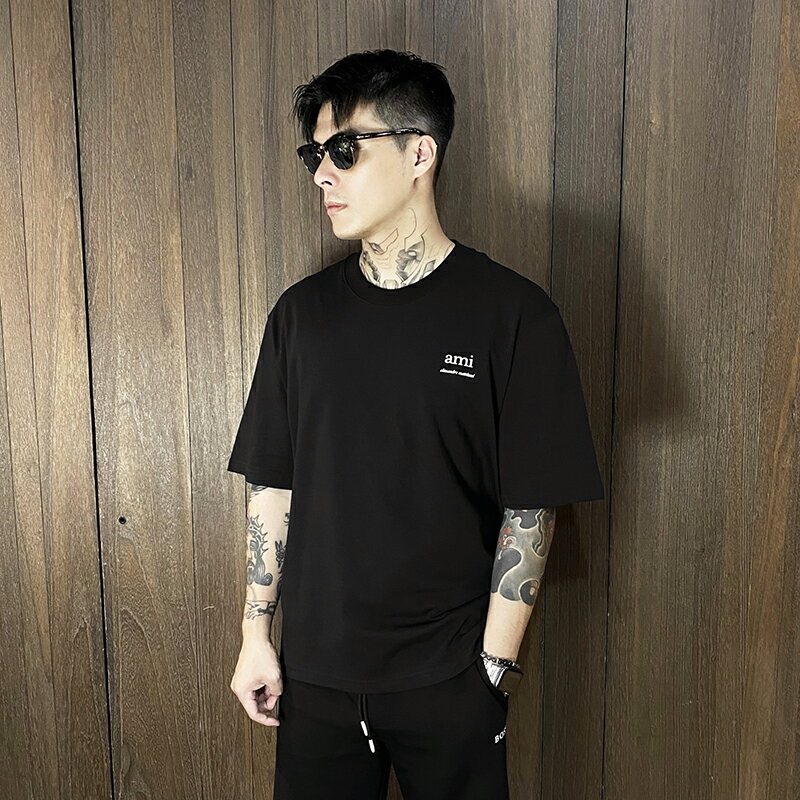 美國百分百【全新真品】Ami T恤 棉質 上衣 簡約 休閒 短袖 T-shirt logo 短T 黑色 CV97