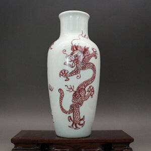 清康熙瓷器釉里紅花瓶 手繪雙龍紋瓶 古玩古董陶瓷器仿古老貨收藏