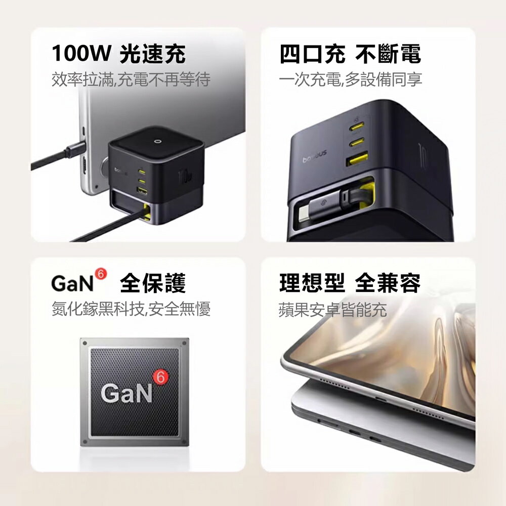 Baseus倍思 Nomos伸縮線桌面充CCNMS100CC 3C+1U 100W【APP享6%回饋】 5