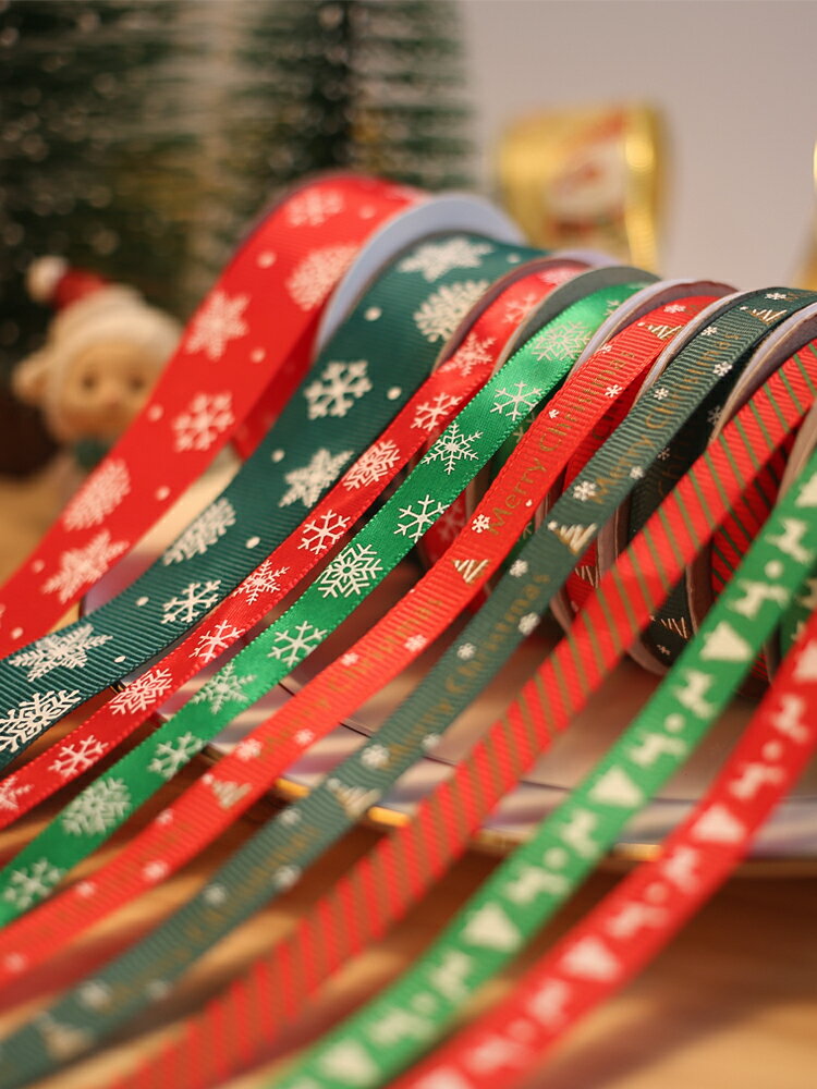 圣誕節絲帶禮品包裝紙彩帶織帶diy手工編織裝飾用鮮花蛋糕盒生日禮物綢帶1cm/2.5CM寬螺紋帶禮盒條紋帶
