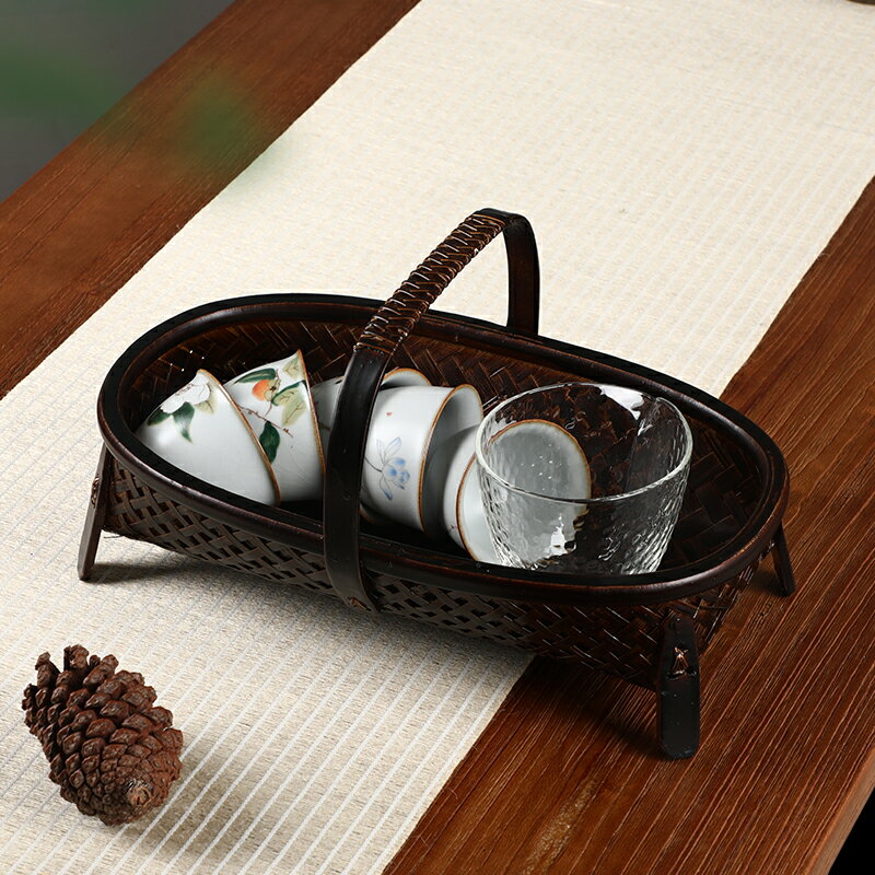 手工竹編仿古竹籃子家用客廳水果零食點心盤日式茶道茶具收納提籃