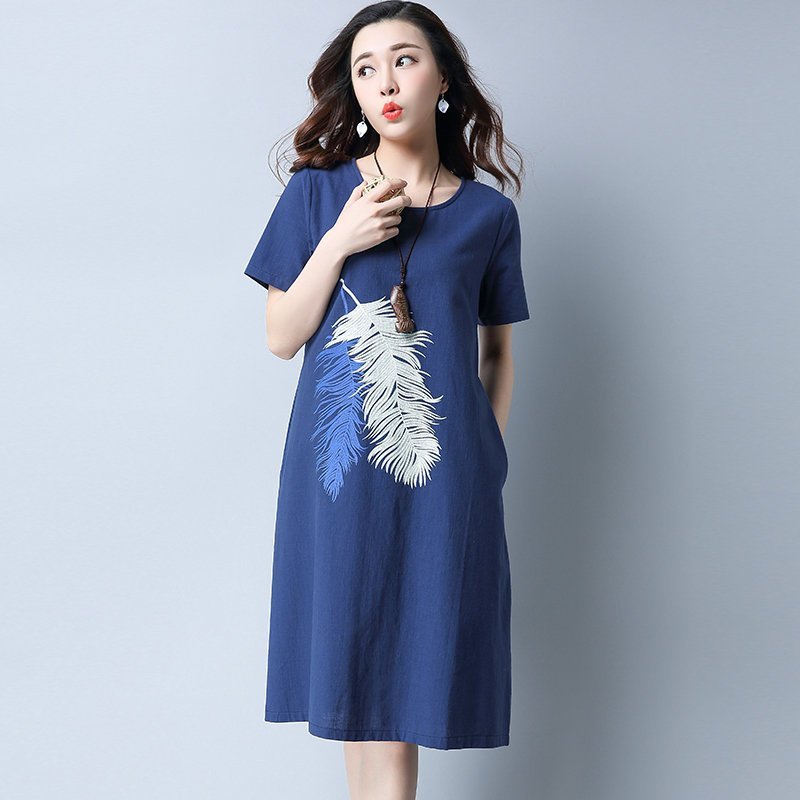 FINDSENSE G5 韓國時尚 夏裝 新款 大尺碼 棉麻 印花 中長款 短袖 連身裙