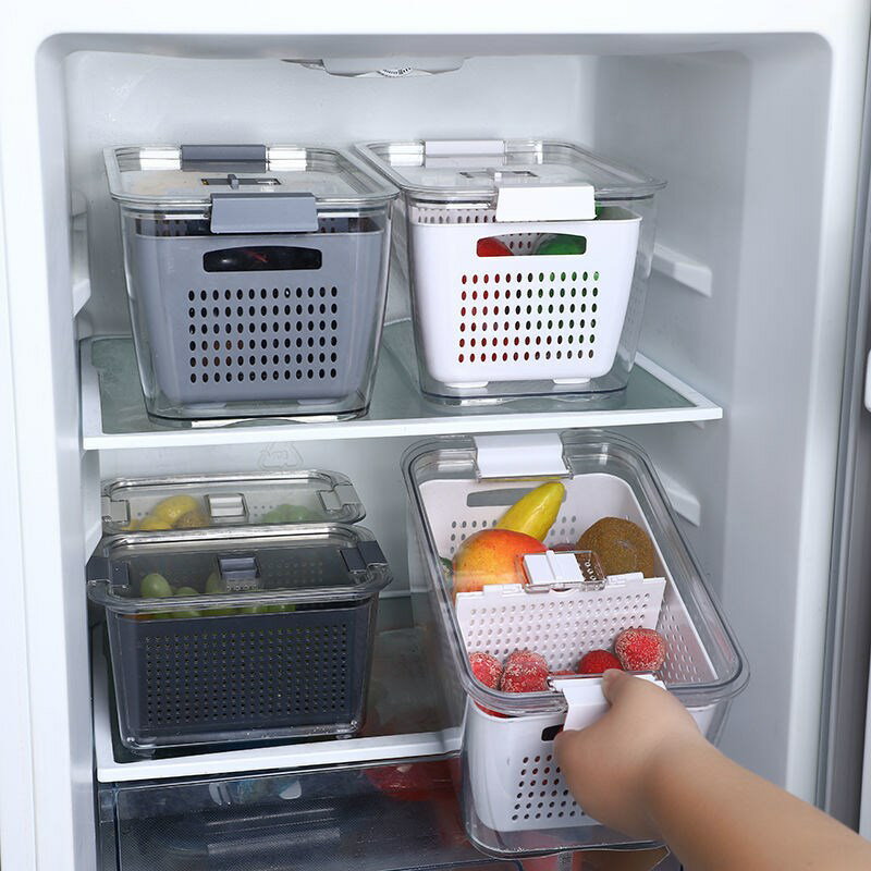 日式雙層食品級塑料瀝水籃保鮮盒冰箱收納盒密封可調節隔板蔬果盒