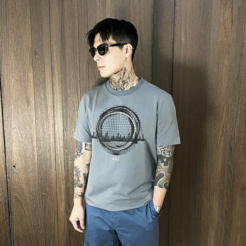 美國百分百【全新真品】 BOSS 短袖 棉質 T恤 圓領 T-shirt 休閒 上衣 LOGO 短T 灰色 DE59