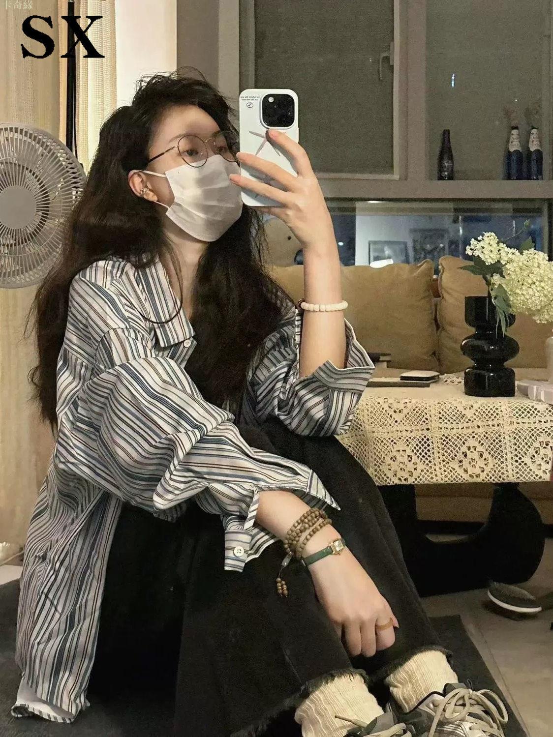 薄外套 美式復古條紋長袖襯衫女學院風防曬襯衣疊穿外套寬松百搭上衣女