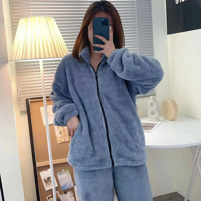 法蘭絨睡衣女立領加絨加厚保暖寬松休閑簡約ins家居服珊瑚絨套裝