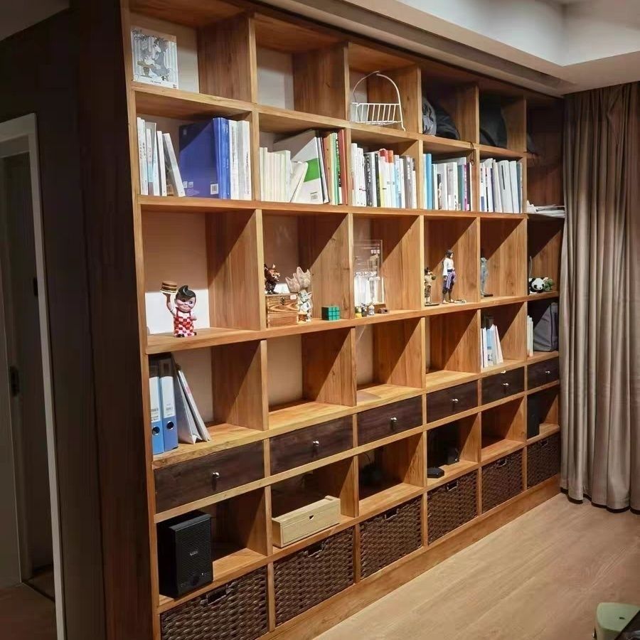限時下殺！免運 書架 收納櫃 置物櫃 展示櫃 榆苑老榆木定製實木落地書架滿墻落地架子一體墻上書架收納格子 八折下殺 限時減免 特價出 可開發票
