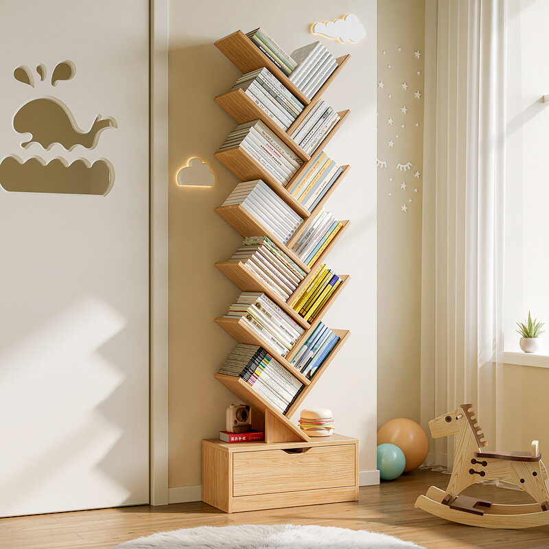 書架 書櫃 書桌 簡易樹形小書架置物架落地臥室閱讀架客廳網紅創意窄書櫃家用多層