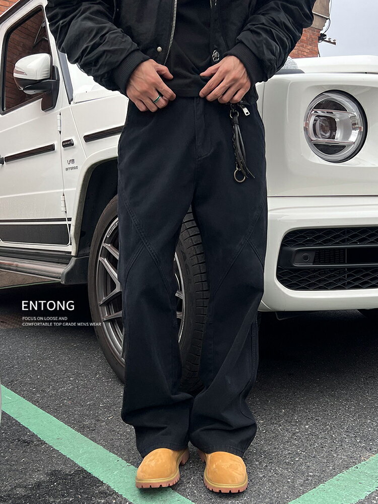 Entong美式潮流復古解構設計感牛仔褲男生新款高街直筒寬鬆長褲子