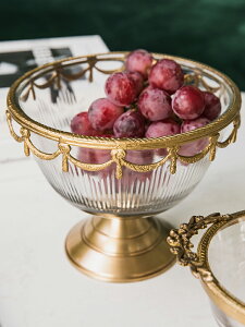 壹滿家居歐式美式輕奢黃銅邊框玻璃高腳裝飾果盤果簍餐桌茶幾果碗