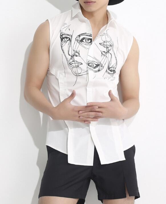 FINDSENSE MD 韓國 男 街頭 時尚 黑白兩色 個性素描人像塗鴉 夜店 髮型師 潮人款 打底衫 特色背心
