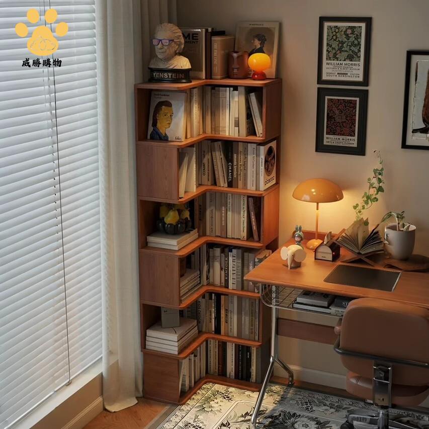 實木轉角書架 客廳臥室靠墻拐角落地置物架 家用墻角置物櫃 窄縫書櫃Y9/12
