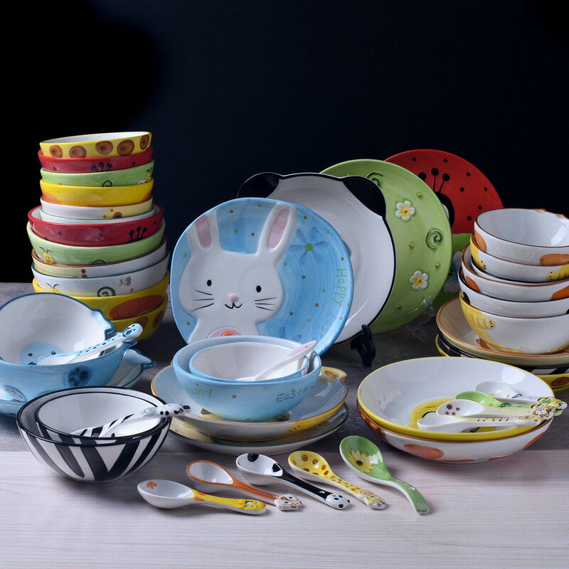 可愛卡通兒童餐具面碗盤子禮品套裝陶瓷兔子長頸鹿老虎斑馬動物碗