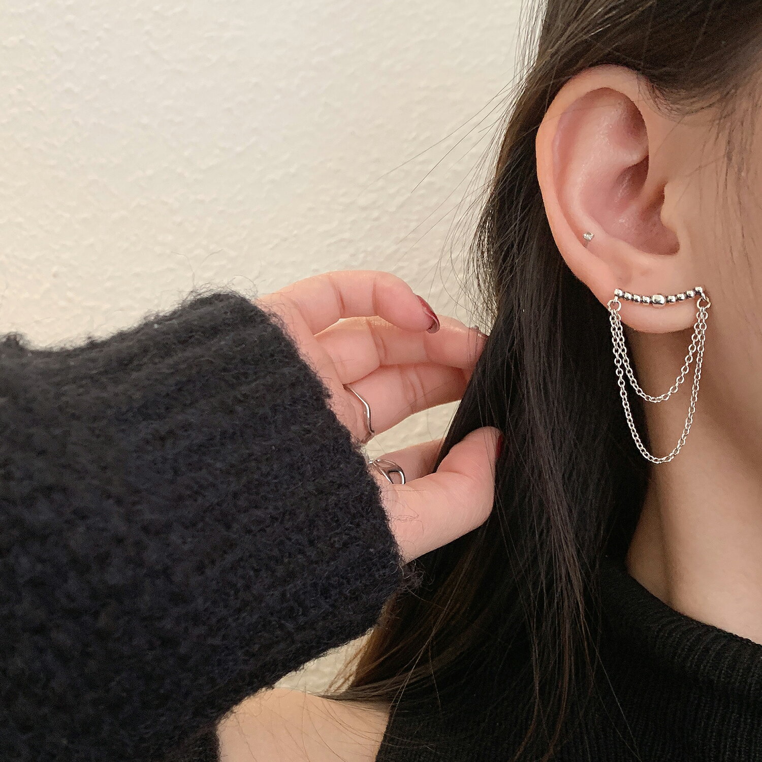 小寶s925純銀獨特設計圓珠鏈條流蘇耳環女2021年新款潮輕奢高級感