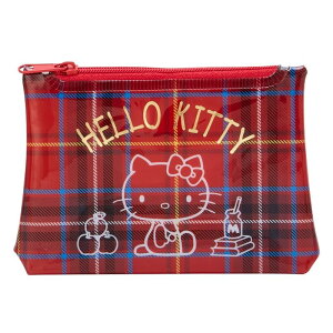 asdfkitty*KITTY蘇格蘭紋 防水 拉鍊零錢包 迷你化妝包 紅色側坐-日本正版商品