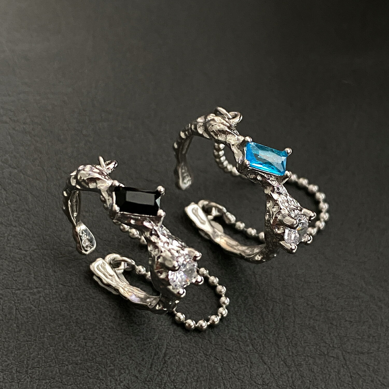 小寶s925純銀獨特錘紋肌理鋯石鏈條開口戒指女輕奢小眾設計高級感