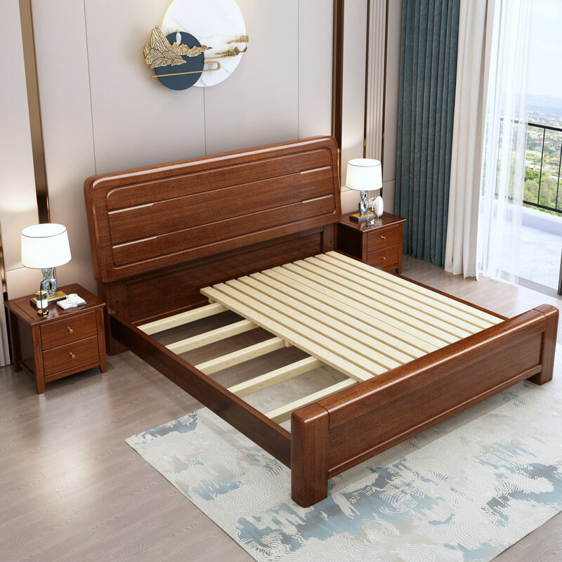 優樂悅~金絲胡桃木床中式1.8米雙人床現代簡約儲物床小戶型臥室家具婚床
