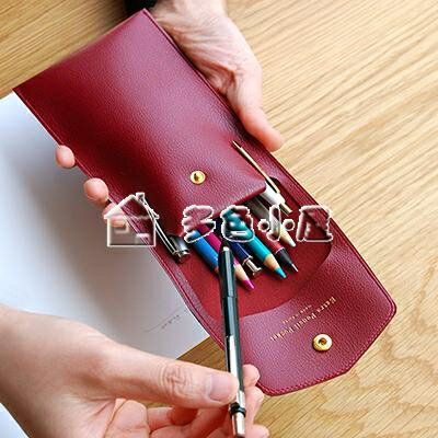 皮質筆袋韓國Plepic商務氣質奢華純色皮革學生辦公筆袋便攜搭扣插筆文具袋