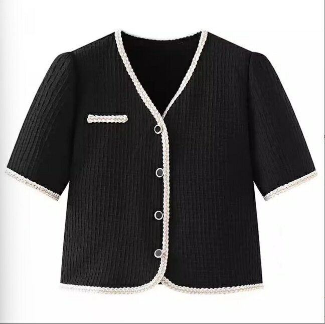 中大尺碼女裝 韓版新款修身顯瘦小香風上衣 V領小襯衫 法式亮絲包邊格紋短袖上衣 1