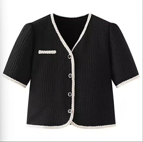中大尺碼女裝 韓版新款修身顯瘦小香風上衣 V領小襯衫 法式亮絲包邊格紋短袖上衣 1