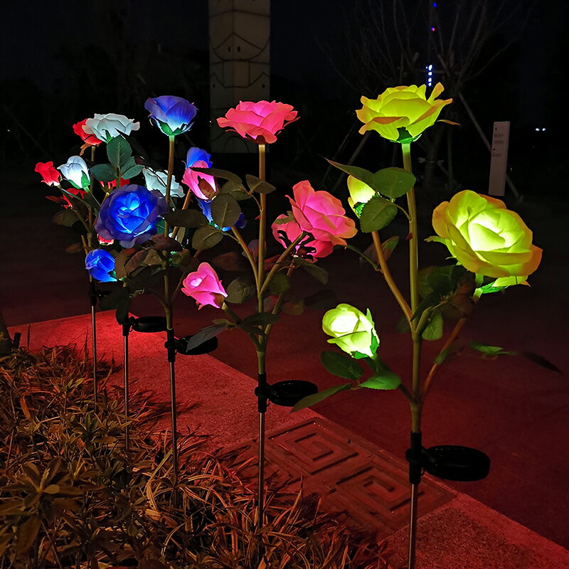 新款5頭太陽能玫瑰花燈戶外庭院裝飾LED仿真花燈花園草坪燈
