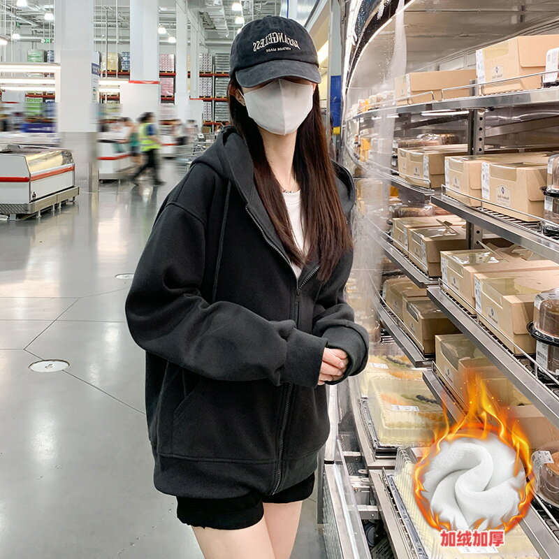 外套 女裝 休閒外套 時尚外套 衛衣女美式連帽加絨休閒運動外套秋季百搭寬鬆長袖小個子開衫上衣 0