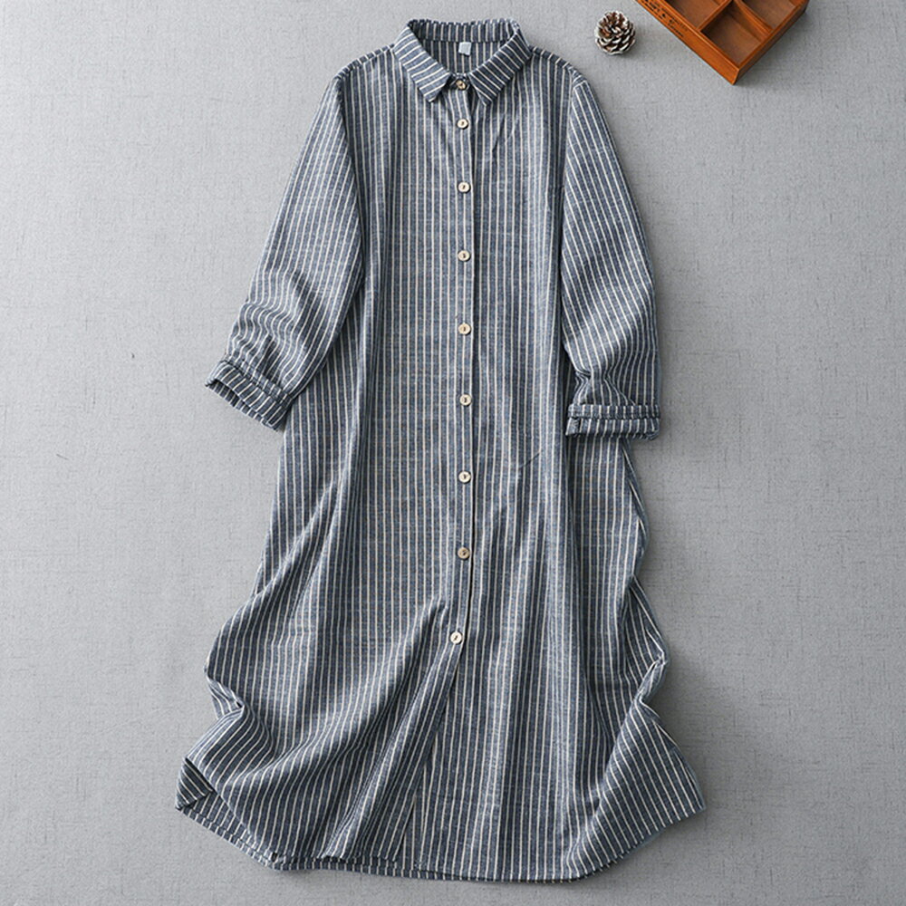 ＊ORead＊單排扣條紋薄棉麻襯衫裙(灰藍色M~2XL)【限定加碼✿全館滿額再折】