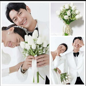 手捧花韓式新娘室內純色背景白色郁金香捧花大束花網紅自拍道具