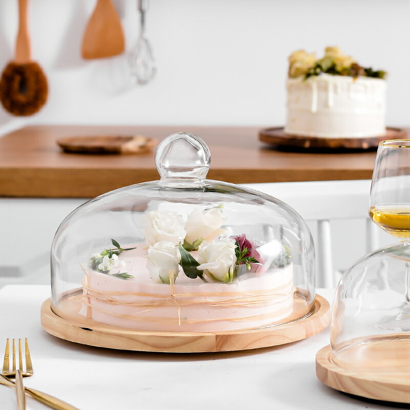 歐式可旋轉蛋糕甜品臺展示架木質托盤蛋糕玻璃罩點心盤面包罩家用