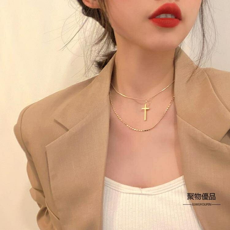 春季疊戴珍珠十字項錬女甜酷鎖骨錬輕奢小眾設計感頸錬【聚物優品】