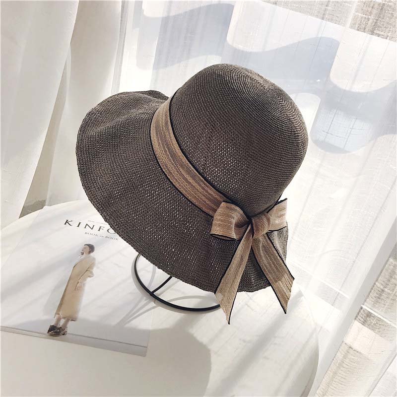 韓版夏季遮陽帽絲帶裝飾漁夫帽可折疊遮陽帽沙灘帽子休閑百搭草帽1入