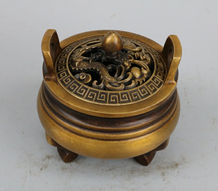 黃銅素面文房用品銅鼎焚香擺件仿古宣德三足雙耳蟠龍紋蓋