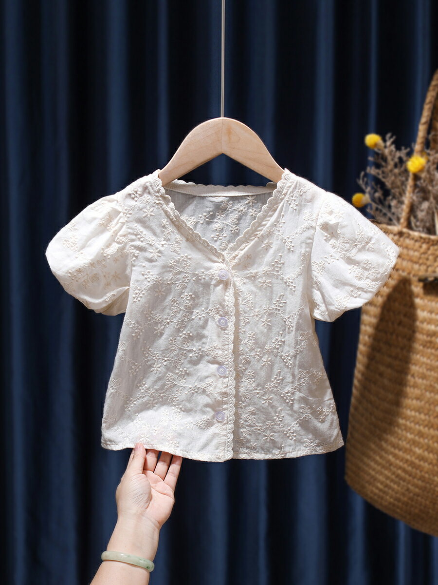 2021年夏季新款白色襯衫女童時尚可愛寶寶甜美襯純色衣短袖上衣潮
