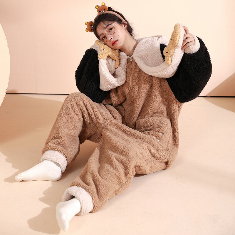 可愛連帽連體睡衣女秋冬季加厚加絨長袖韓版卡通珊瑚絨家居服套裝